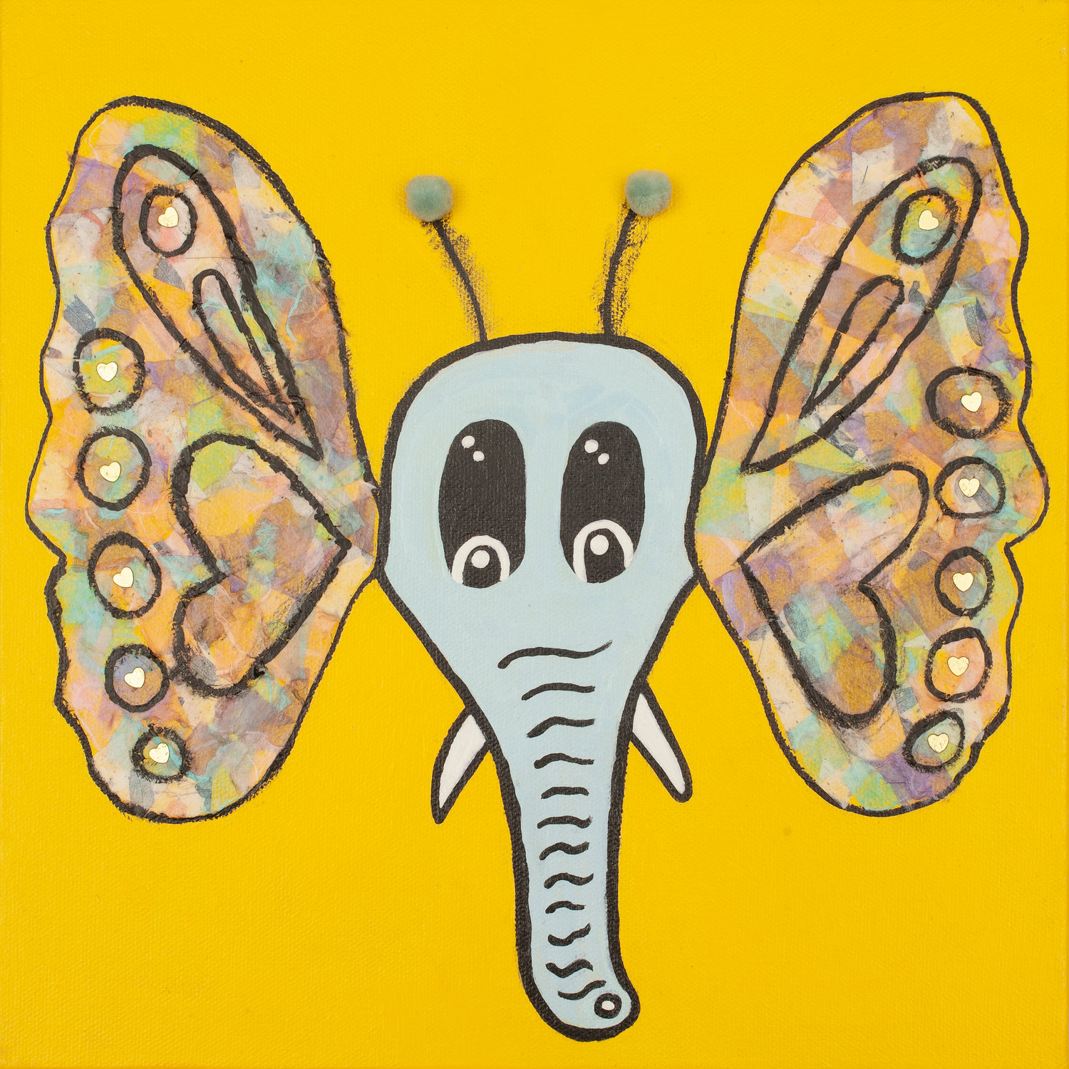 Hajar, age 13, created “An Elefly.” Acrylic and mixed media on canvas, 12 x 12 inches. 
Image courtesy of Art with a Heart in Healthcare and Laird.